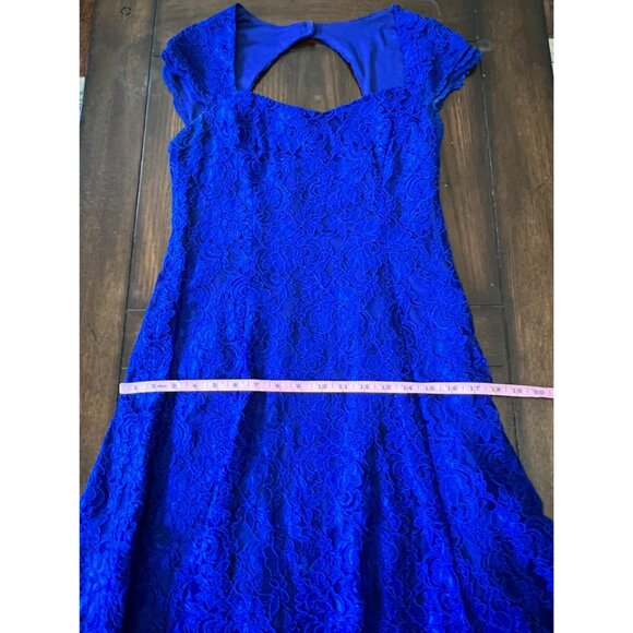 Lauren Ralph Lauren Evening Blue Lace Lined Mini Dress Date Fit Flair Open Back - Picture 11 of 13